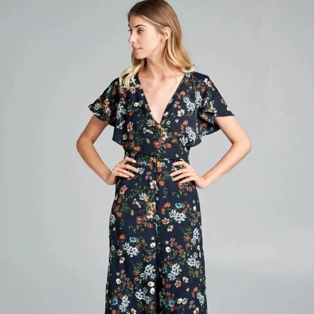 Flutter Sleeve Navy Floral Deep V-Neck Romper - Picture 8 of 9